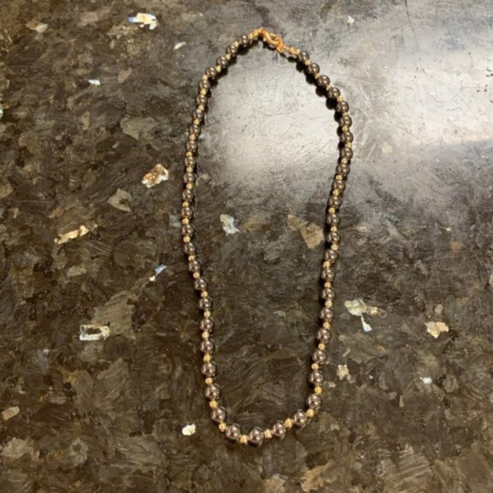 Vintage Unisex Black Onyx and Gold Filled Bead Choker Necklace 16"
